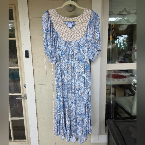 Lucky Brand Blue Paisley Print Tie Waist Puff Sleeve Peasant Dress Size L Boho - Picture 1 of 11